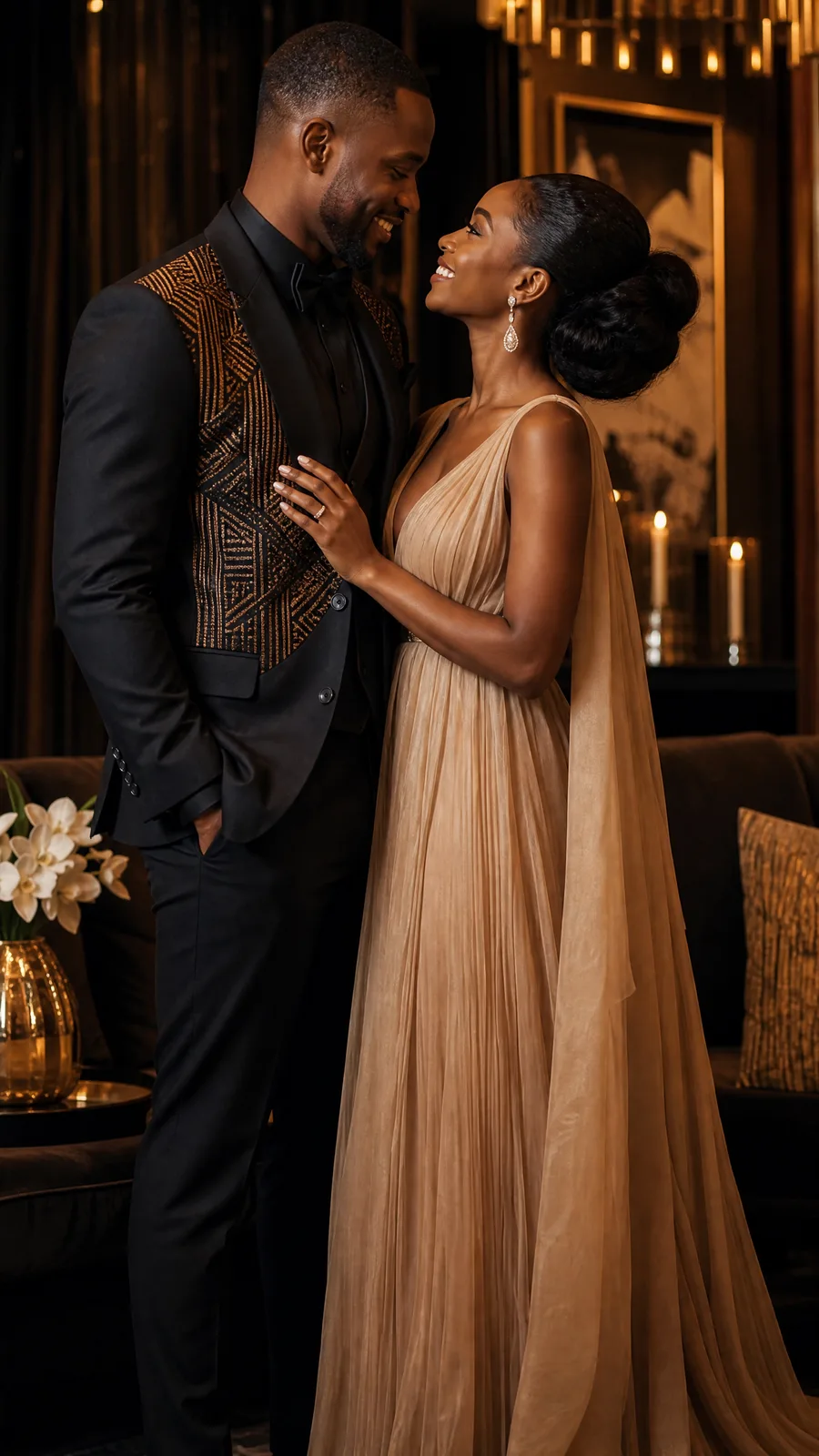 Un couple élégant en tenue de soirée, dans une ambiance dorée et raffinée