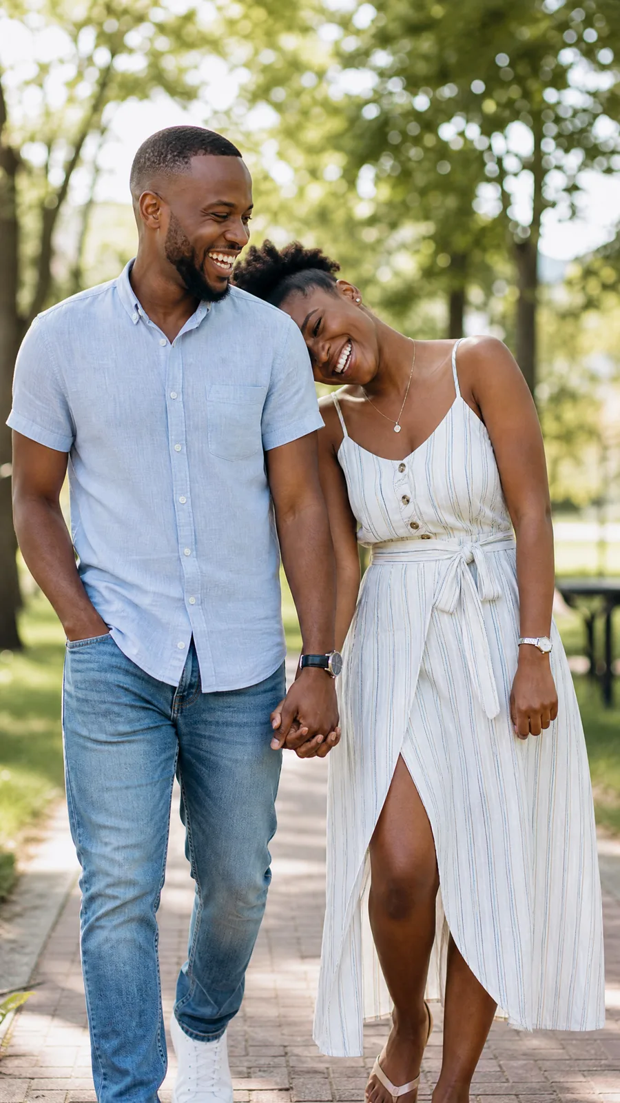 Un couple se tenant la main, riant en marchant dans un parc