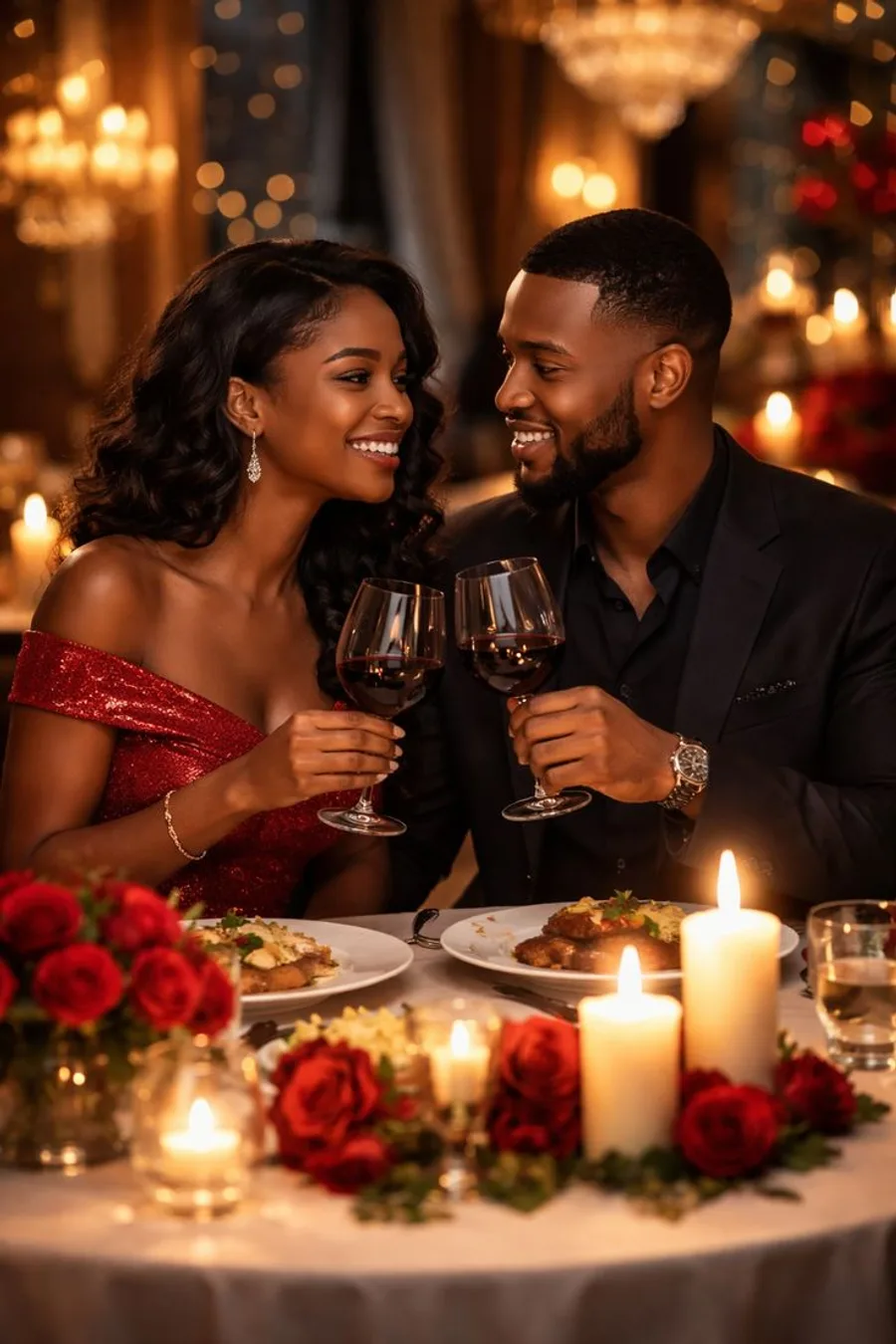 Couple trinquant lors d'un dîner aux chandelles